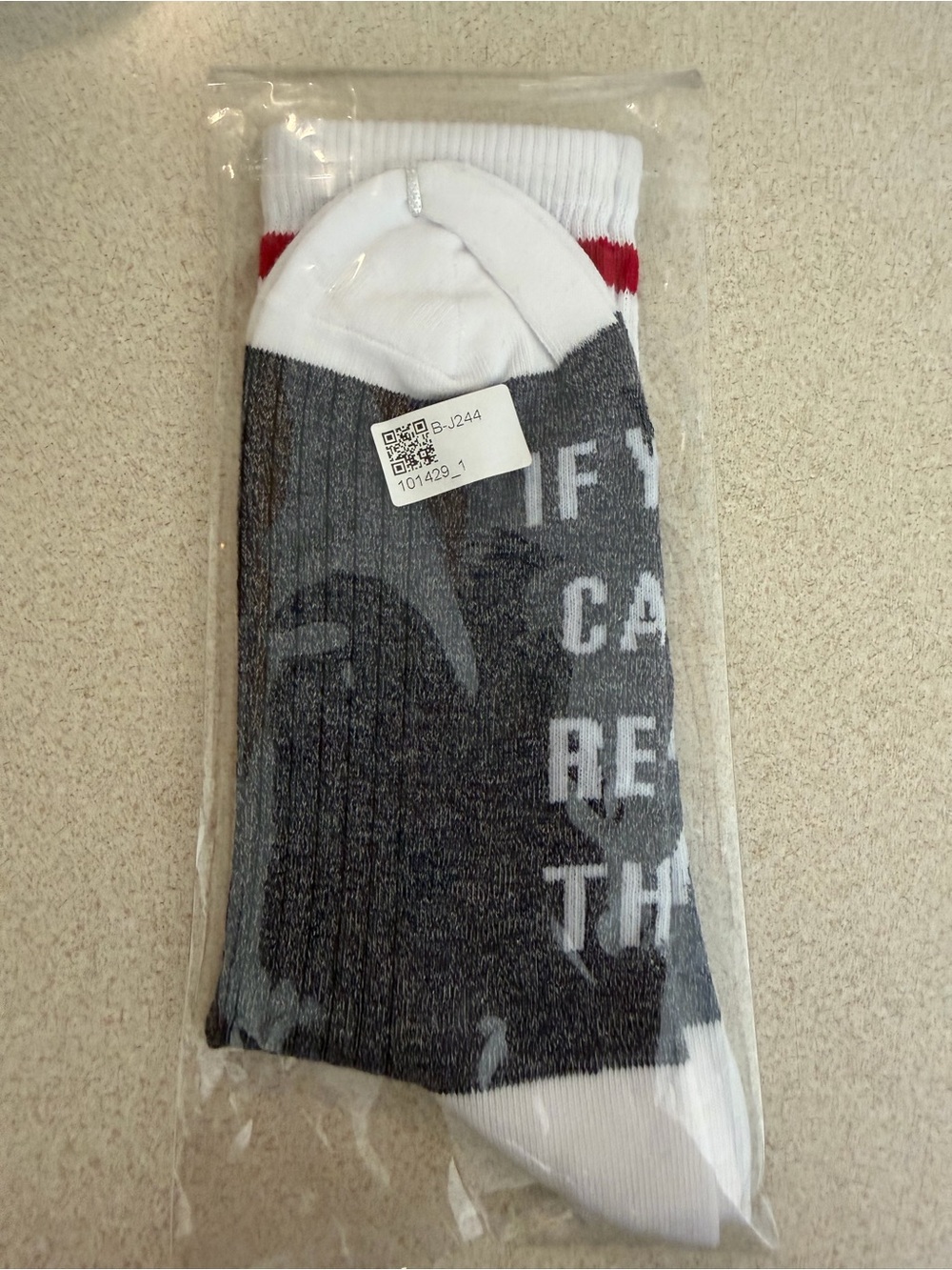 Gray Knit with White Lettering - socks - Picture 2 of 3